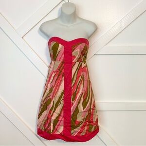 Britt Ryan Camo Printed Strapless Sweetheart Open Back Silk Mini Dress Pink Sz L